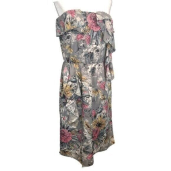 Glam Grey Floral Ruffle Strapless Party Dress Medium - Picture 1 of 7